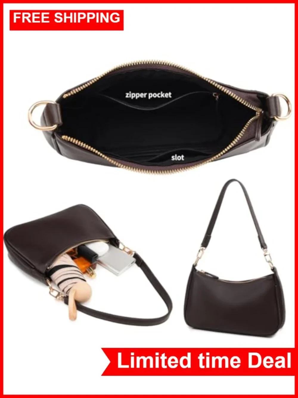 Retro Small Hobo Shoulder Bag Crossbody Purse with Zipper Closure PU Leather